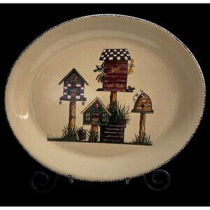 Vintage Home & Garden Party Birdhouse Oval Stoneware Platter